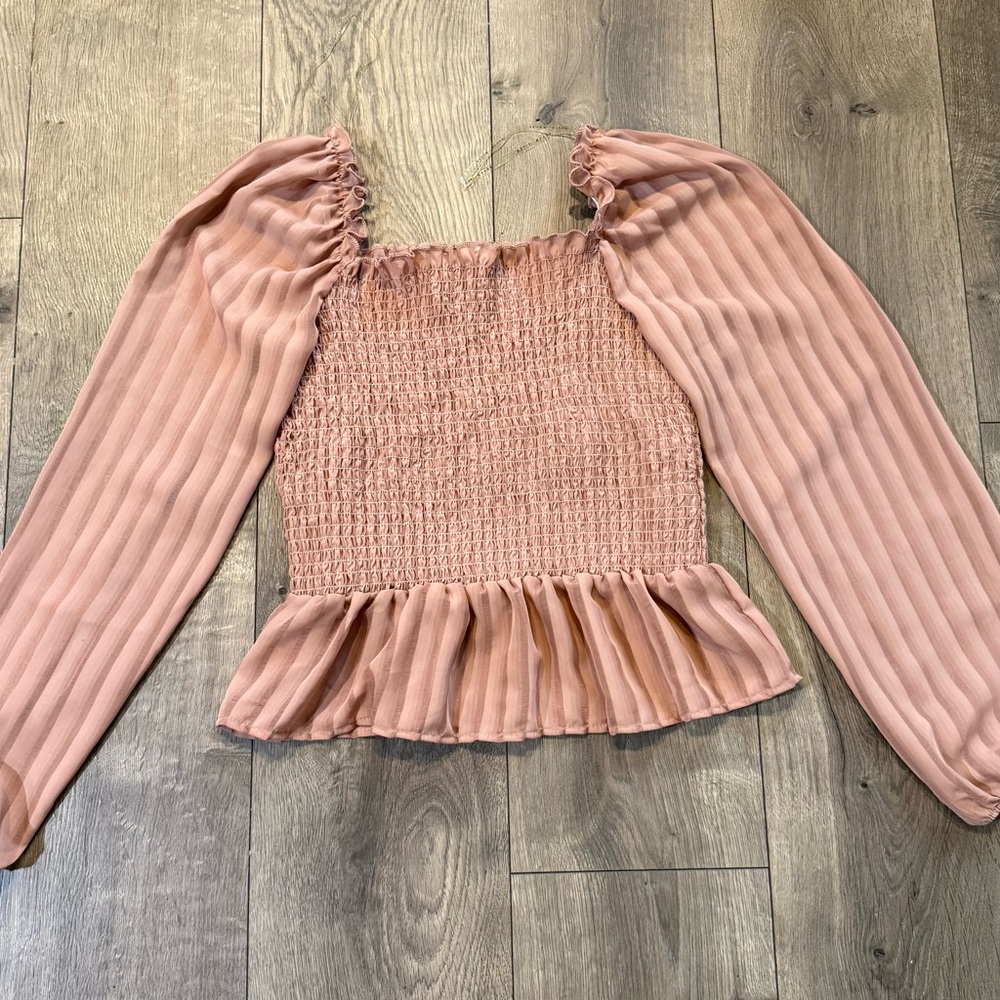 Blush Smocked Peplum Blouse • Sheer Long Sleeves • Size L